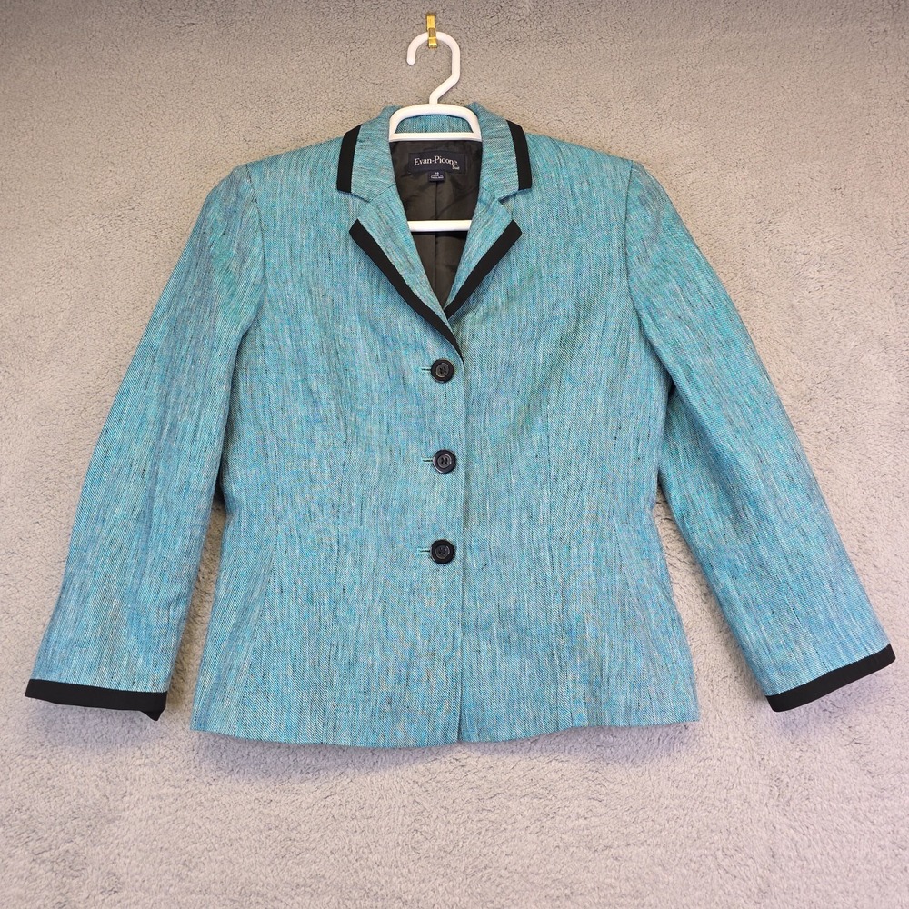 Evan Picone‎ Blazer Womens 10 Turquoise Linen Slit Sleeve Preppy Business Formal
